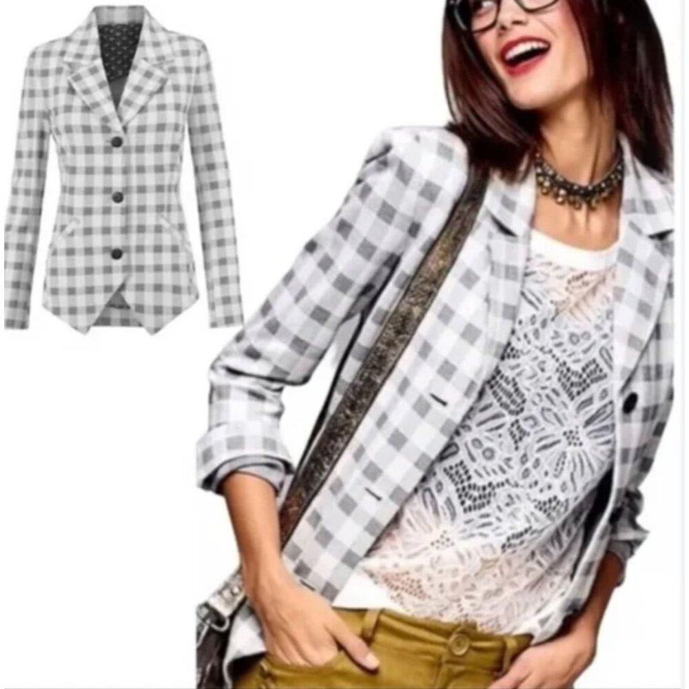 Cabi Valentina Blazer Womens Plaid Size 10 Gray Jacket ponte knit pockets 5292